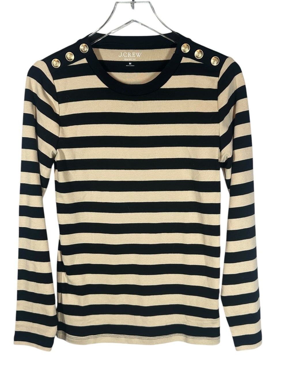 J.Crew Women's  Mecium Black and Cream Striped Button-Shoulder Long Sleeve Top
